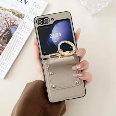 Imagem de Capa para Galaxy Z Flip5 com suporte de anel de couro sintético, proteção dobrável com dobradiça e capa à prova de choque (para Galaxy Z Flip5/cáqui)