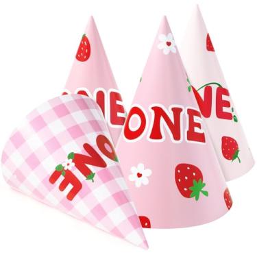 Imagem de WERNNSAI Strawberry Party Hats - 12 PCS Berry First Birthday Hats Strawberry Birthday Decorations Pink Baby Shower Headwear with Elastic String for New Born Baby Christening Decor