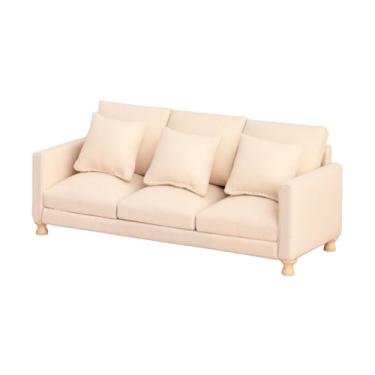 Imagem de predolo Miniatura Sofá Casa de Bonecas Sofá 1:12 Escala Quarto Micro Cena Realista com Almofadas Modelo de Móveis Boneca de Brincar de Faz de Conta, Bege