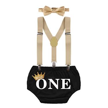 Imagem de FMYFWY Wild One Conjunto de roupas com suspensórios de gravata-borboleta para meninos e meninas com estampa de bolo para chá de bebê