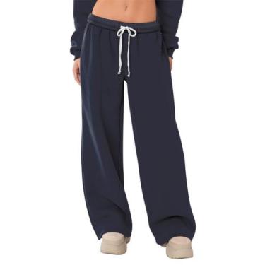 Imagem de Calça de moletom feminina HeSayep, forrada de lã, perna larga, azul ma