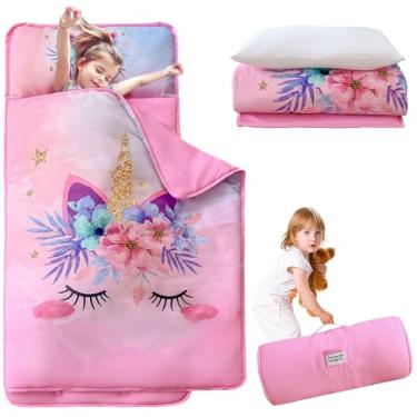 Imagem de KINBEDY Unicórnio Tapete de cochilo infantil para creche pré-escolar fofo rosa floral saco de dormir infantil tapete de cochilo com travesseiro e cobertor portátil saco de dormir de bebê para