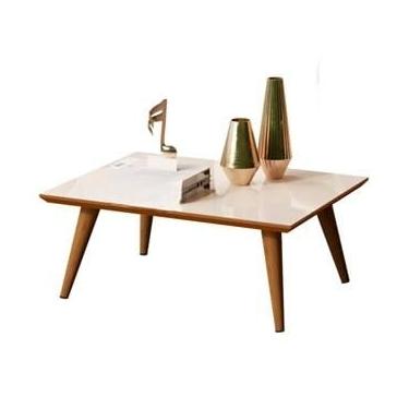 Imagem de Mesa de Centro Retangular em MDF com Pés Palito – Elegância e Estilo Retrô para Sala de Estar (OffWhite/Freijó)