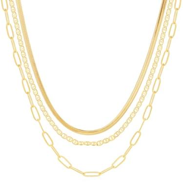 Imagem de Pancert Colar de ouro feminino, banhado a ouro 14 K, gargantilha multicamadas, cobra, cubana, clipe de papel, conjunto de acessórios de corrente cruzada, presente para mulheres, Latão, Sem Pedra