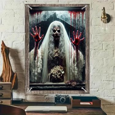 Imagem de BlissYard Decoração de janela de Halloween capa de janela de noiva zumbi assustador banner véu de terror assustador casa assombrada sangrenta pôster de festa pano de fundo interior ao ar livre