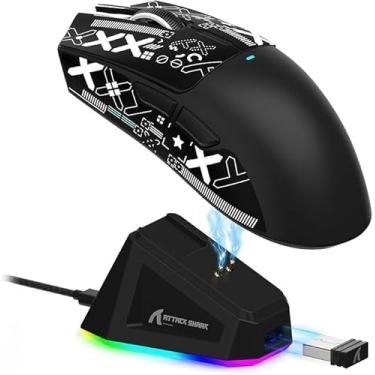 Imagem de Mouse sem fio leve, 62g, RGB, conexão tri-modo (2.4G/USB-C/BT), 22K DPI, sensor PAW3311, 5 botões programáveis, base de carregamento RGB, compatível com PC/Mac-Preto+Tape