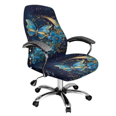 Imagem de YUVAMAGIMO Blue Butterfly Capa para cadeira de escritório, capa elástica para poltrona, lavável, removível, protetor de móveis para decoração moderna, estilo simples, cadeira de chefe com encosto alto