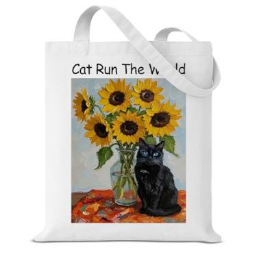 Imagem de Bolsa feminina de lona com girassol para gatos Run the World, presentes para amantes de gatos, reutilizável, para compras, viagens, trabalho