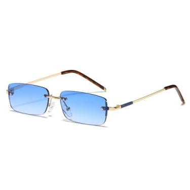 Imagem de VFDHN Óculos de sol retangulares da moda para mulheres, sem aro, transparente, com lentes degradê, estilo oceano, masculino, UV400 (gradiente azul dourado)