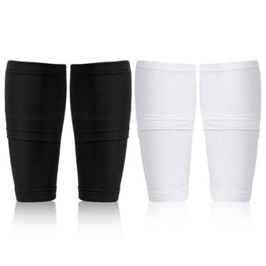 Imagem de 2 pares de caneleiras de futebol, suporte respirável para caneleiras de futebol, capas protetoras de perna de futebol com bolso para crianças, jovens, adultos, iniciantes em corrida (preto + branco)