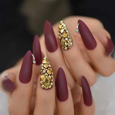 Imagem de Pregos Stiletto Press On Nails With Gold Stones Wine Red Pendant Design Matte Long Acrylic Stick On Nails Cobertura Completa Manicure