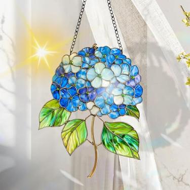 Imagem de Suncatcher acrílico colorido, decoração de janela suspensa de flores com design de vitral impresso, apanhador de sol, arte de parede de criador de arco-íris, ornamentos de Natal para uso interno e