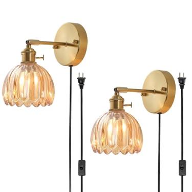 Imagem de Arandelas de parede conectadas e com fio, luz de parede de sombra de vidro de cristal tulipa vintage de luxo com interruptor para cabeceira quarto sala de estar (Tulip-âmbar, 2)