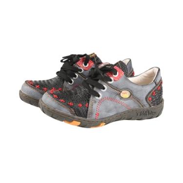 Imagem de TMA EYES Sapatos casuais vintage feitos à mão, de couro legítimo, design color block, cadarço e resistente ao desgaste ao ar livre, Preto, 37