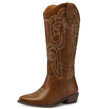 Imagem de mysoft Botas femininas caubói cano médio vaqueira bordada, bico fino, salto grosso, sem cadarço, cano alto, Marrom, 40
