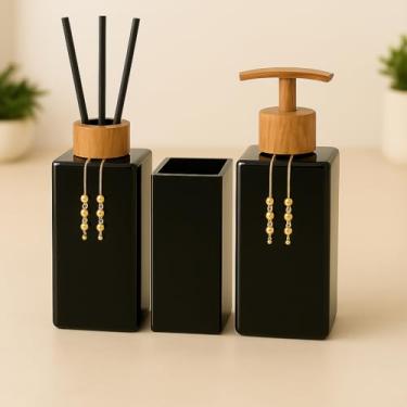 Imagem de Kit Banheiro Luxo Square – Sabonete Líquido, Difusor Aromatizante e Porta Escova de Vidro Decorativo 250ml (Preto Total C/Amadeirado)