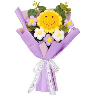 Imagem de XIAOMAIDAM Buquê de girassóis artificiais, flores artificiais de rosas tecidas à mão, adequado para decoração de mesa de família, para namorada, mãe, presente de aniversário e casamento (girassol roxo