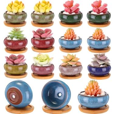 Imagem de RimCereal 12 vasos pequenos para suculentas a granel com drenagem, sortidos, 6 cm, mini vasos de cerâmica para suculentas com porta-copos e pires de bambu para jardim, casa, escritório, 8 cores