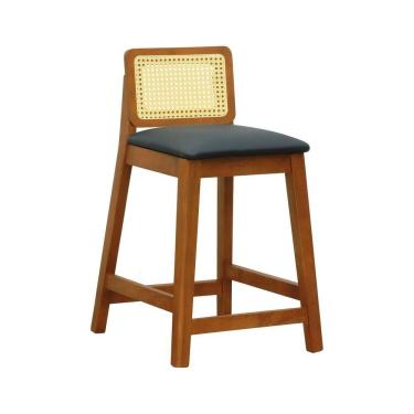 Imagem de Banqueta Média Gabi Madeira Maciça Telinha Natural - Amêndoa Assento Estofado Corano Preto