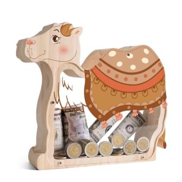 Imagem de Uniwooder Cofrinho de madeira para crianças, lindo cofrinho de camelo com painéis de acrílico, inquebrável para crianças e meninos, cofre de moedas seguro DIY com adesivo de letras para aniversário