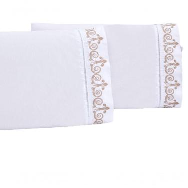 Imagem de Jogo Lençol Queen Quarto Casal Bordado 3 Peças Branco Caqui