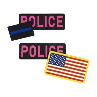 Imagem de uuKen 4 adesivos de PVC da polícia 10 cm × 1,10 cm com fecho de gancho nas costas para bonés, coletes, bolsas, mochilas cosplay (4 peças, 2 pequenas rosa, bandeira, patch azul fino)