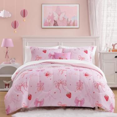 Imagem de Wink Deer Conjunto de edredom solteiro para meninas, 3 peças, laço rosa, 1 edredom, 1 fronha e 1 travesseiro decorativo
