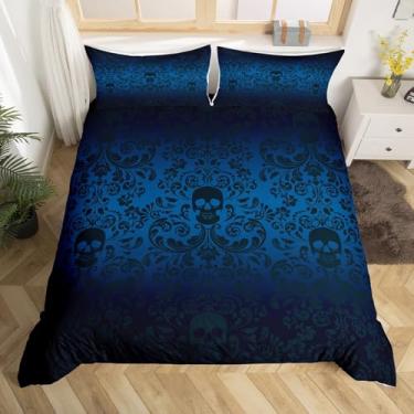 Imagem de Erosebridal Jogo de cama gótico damasco para adultos, capa de edredom vitoriana antiga, Queen, azul marinho, preto, crânio, açúcar, vintage, barroco, floral, gótico, decoração boêmia