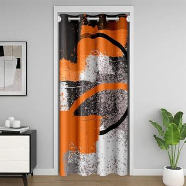 Imagem de jejeloiu Cortina de porta laranja e preto de carbono para privacidade de porta 106 x 203 cm 1 painel capa geométrica abstrata para armário para adolescentes, cortina divisória de quarto, respirável