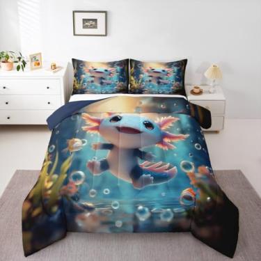Imagem de Conjunto de edredom solteiro com estampa de animais selvagens, planta do oceano azul, folhas e folhas para crianças, meninas, meninos, fofo, anfíbio, réptil, tritão, decoração de quarto