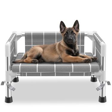 Imagem de Cama elevada para cães com cerca de três lados e almofada removível - pés antiderrapantes, design estável, montagem fácil, relaxamento interno e atividades ao ar livre para cães pequenos, conforto