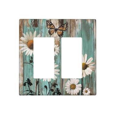 Imagem de JDAKHD Placa de parede decorativa Farmhouse floral de 2 gangues margarida branca em fundo de madeira verde vintage Gfci compatível com regulador de luz para sala de estar e casas inteligentes