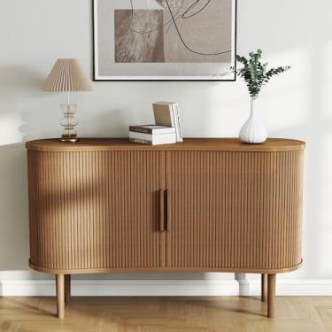 Imagem de Gugxiom Armário de bufê de 139,7 cm com portas deslizantes caneladas, armário buffet com armazenamento, madeira com detalhes modernos, para entrada de cozinha e sala de estar (nogueira)