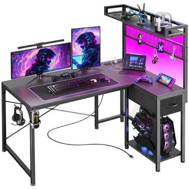 Imagem de PRAISUN Mesa de jogos em forma de L com prateleiras, mesa de canto para computador com luzes LED, tomadas elétricas e portas USB-C, mesa de escritório doméstico de 106 cm com gaveta de armazenamento