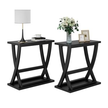 Imagem de ChooChoo Conjunto de 2 mesas de canto preto, mesa lateral estreita com prateleira de armazenamento, mesa de cabeceira fina com design X moderno para sala de estar, quarto, espaços pequenos