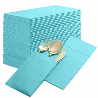 Imagem de Pacote com 50 guardanapos de jantar descartáveis com sensação de linho com bolso embutido para talheres, azul menta, tecido pré-dobrado, como guardanapos de papel para jantar, casamento ou festa