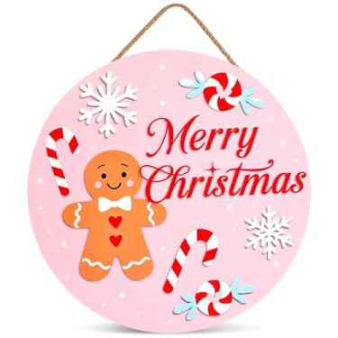 Imagem de Frugtfrit Placa de porta de Natal rosa, decoração suspensa com tema de pão de gengibre, placa de varanda redonda de feliz Natal para porta da frente, decoração de parede de quarto de meninas, enfeites