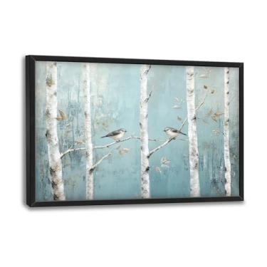 Imagem de Flintis Arte de parede emoldurada de pássaro de bétula grande imagens de pássaros da floresta decoração de parede paisagem natural abstrata pintura em tela obras de arte emolduradas para sala de estar