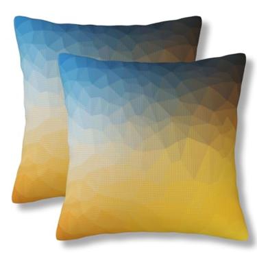 Imagem de ZYNTIRAX Capas de almofada amarelas e azuis estilo polígono abstrato 50 x 50 cm conjunto de 2 fronhas quadradas arte geométrica dégradé fractal, capas de almofada quadradas para sofá-cama e sofá