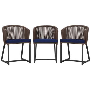 Imagem de 3 Cadeiras De Jantar Noronha Preta Corda Náutica E10 Trama Marrom
