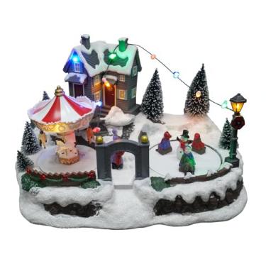 Imagem de MerryPulse Casas de aldeia de Natal, vila de neve de resina com 8 carrossel musical e pista de gelo para decorações internas de Natal