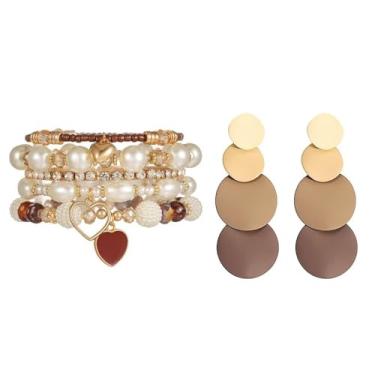 Imagem de twinkle eye 2 peças de joias ocidentais para mulheres, conjunto boêmio, pulseiras empilháveis com contas, brincos vintage de disco redondo, elástico, marrom, pérola sintética, coração, cristal