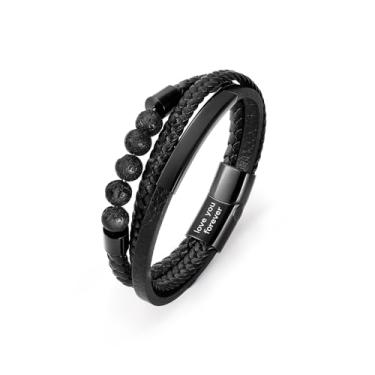 Imagem de ICEINX Pulseira masculina de couro com miçangas, pulseira trançada multicamadas com fecho fácil, presente Love You Forever para ele, 8.26inch, Couro, Sem Pedra Preciosa