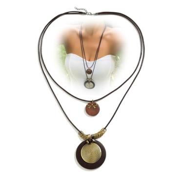 Imagem de YNZGYBY Boho Colar longo com pingente de couro para mulheres, vintage, preto, redondo, de madeira, texturizado, gargantilha boêmia, em camadas, joias de madeira marrom, presentes para homens, Large