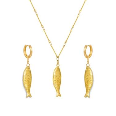 Imagem de Lyfange Colar de peixe dourado para mulheres, boêmio, praia, havaiano, pingente, colar simples, pingente de peixe de sardinha, colar, verão, praia, oceano, joia, Medium, Liga de aço, Sem Pedra