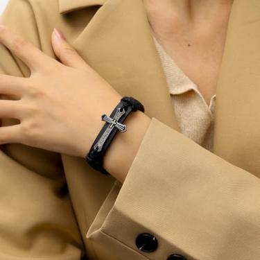 Imagem de Pulseira de cruz de couro trançado cristão para homens e mulheres, presentes para confirmação, batismo, design de nó deslizante ajustável, 18-23cm, Couro Metal, Sem Pedra Preciosa