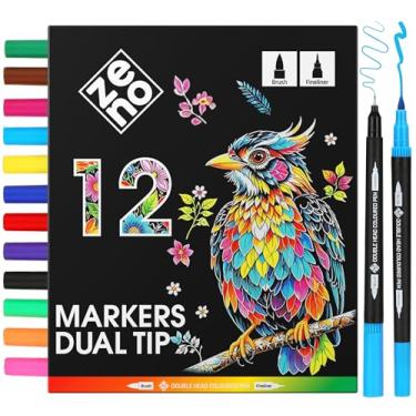 Imagem de ZENO Conjunto de 12 marcadores de ponta dupla – ponta fina e pincel – marcadores para colorir sem sangramento para adultos – canetas aquarela para livros de colorir, diários e artistas
