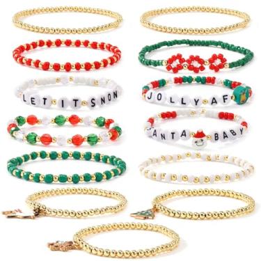 Imagem de EQUBIO Pacote com 13 pulseiras elásticas de Natal para mulheres, contas de sementes vermelhas/verdes/brancas com fios de contas douradas, estilos de margarida, miçangas de letras festivas e detalhes