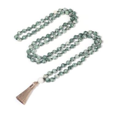 Imagem de BALIBALI Colar longo de chacra com contas de 8 mm, colar de pedra natural, meditação japonesa, ioga, rosário budista, oração, berloque, borla, colar, Pedra com manchas verdes, Pedra com manchas verdes