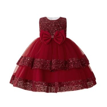 Imagem de OBEEII Vestido infantil de Natal, casamento, florista, festa, baile, lantejoulas, tule, tutu, baile, princesa, sem mangas, vestido de baile, formal, aniversário, laço, babados em camadas, vermelho, 7